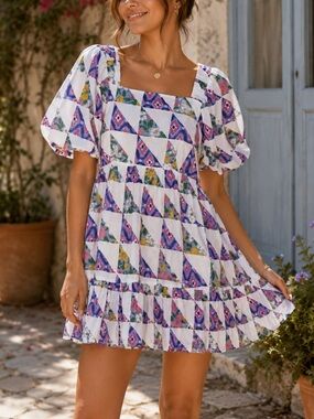 Banjanan Harley Patchwork Mini Dress Womens Small Puff Sleeve Boho Resort